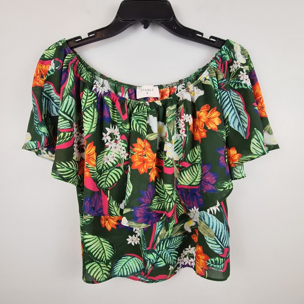Everly Womens Green Tropical Floral Off Shoulder Ruffle Top Size S Vacation